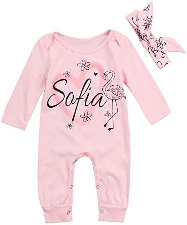 HBER 0-24M Baby Girl Outfits Set Long Sleeve Flamingo Pink Romper Jumpsuit With Headband