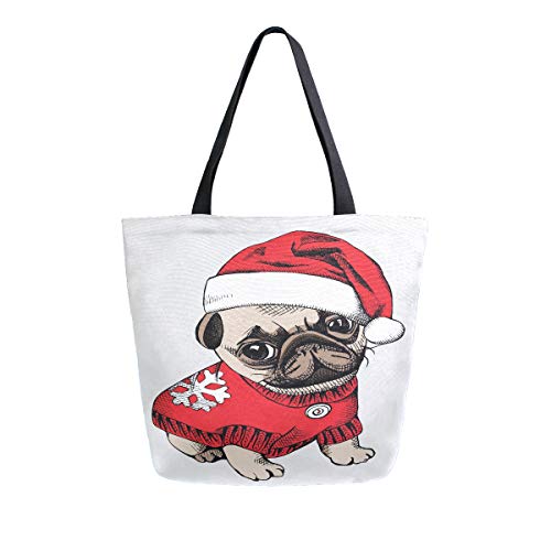 Preisvergleich Produktbild Weihnachten Hündchen Mops Tragbare Große Doppelseitige Lässige Canvas Tragetaschen Handtasche Schulter Wiederverwendbare Einkaufstaschen Duffel Geldbörse Für Frauen Männer Lebensmittelgeschäft Reise