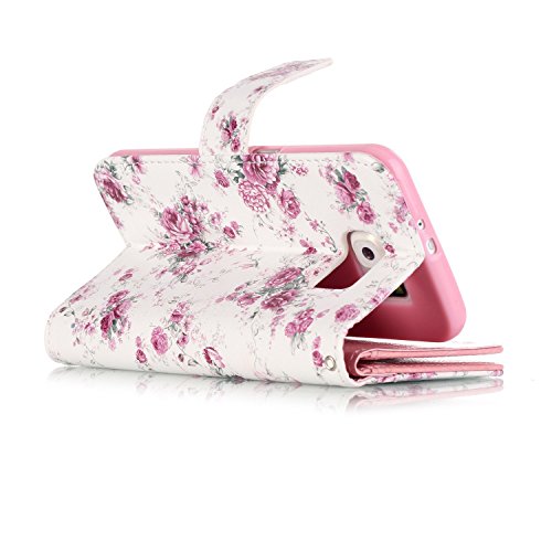 Rosa Schleife® Schutzhülle / Cover / Handyhülle / Ledertasche / Brieftasche Etui für Samsung Galaxy S6 3D Gemalte Entlastung Muster Design Folio PU Leder Tasche Case Hülle im BookStyle mit 9 Kartenfächer PU Leder Hülle Wallet Case – Rosen - 5