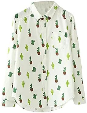Buzzfashion Women's Ladies Kawaii Cactus Graphic Stand-Up Collar Long Sleeves Shirt Daily Tops M
