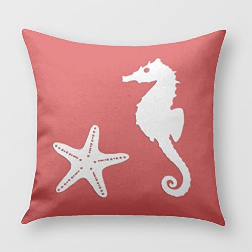 Seahorse and Starfish - Dark Coral Red And White Throw Pillow Cover for Sofa or Bedroom