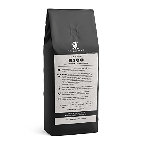 Masterbean RICO Premium Kaffee I ganze Kaffeebohnen geröstet I frische, schonende Langzeitröstung (max. 14 Tage alt) I fair gehandelt I 100 % Arabica Bohnen aus Honduras I Cafe Crema Bohnen 250g