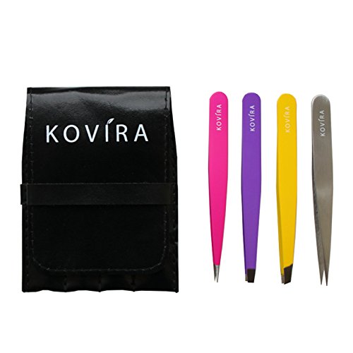 BEST TWEEZERS SET- 4 Tips Professional Stainless Steel Tweezers Set- Slant, Straight & 2 x Pointed -Precision Calibrated with FREE CASE!! Best for Eyebrows, Ingrown and Nose Hair, Splinters By Kovira