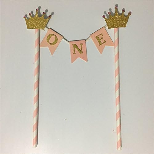 Glitter Gold Imperial Crown Baby Girl First Birthday Party Cake Decoration Pink Cake Topper