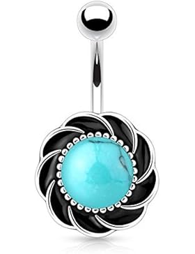 Paula & Fritz® Bauchnabelpiercing aus Edelstahl Chirurgenstahl 316L Blume schwarz mit Stein im Zentrum Opal Rosenquarz...