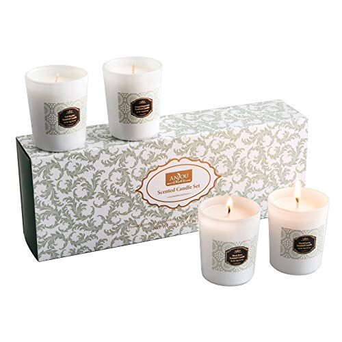 Anjou Bougies Parfumées Set Cadeau 4 Ecologique Ingrédients Biodégradables Longue Durée 20-25 Heures, Saveurs Poire & Fraise, Mûre & Laurier, Orange & Menthe Poivrée et Douces Enveloppes de Senteurs