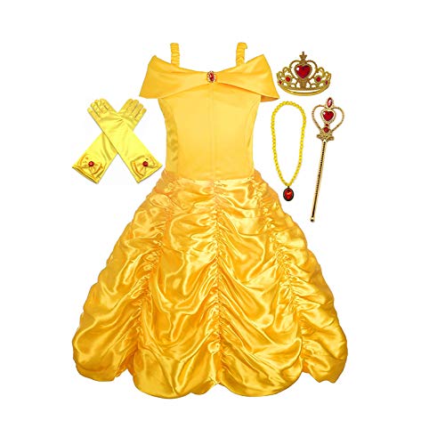 Alead Disfraz de princesa Belle vestido y accesorios, guantes, tiara, varita y collar (4-5 años)