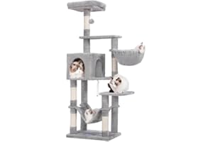 Hey-brother Drapak dla kota, 154 cm, stabilny drapak dla kota z liną sizalową, hamak, kosz, dom i platforma, jasnoszary EMPJ050W
