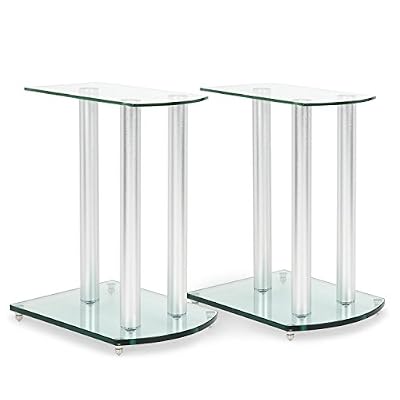 auna LS-46 Paire de supports d'enceintes • Charge < 10kg • Colonnes en aluminium satiné • Plaque en verre de sécurité de qualité supérieure • Effet isolant grâce aux pointes • Epaisseur du verre supérieur : 6 mm • Verre inférieur : 11…