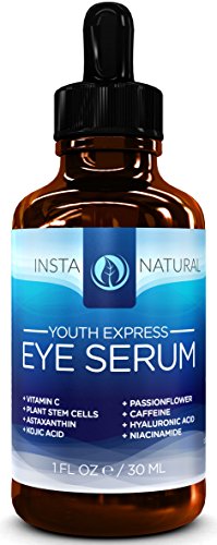 InstaNatural Eye Serum For Dark Circles, Puffiness & Wrinkles - Reduces Eye Bags, Crow's Feet, Fine Lines, Sagging Skin and Puffy, Tired Eyes - With Astaxanthin, Vitamin C, Plant Stem Cells, Kojic Acid, Caffeine & Passionflower - Plumps and Restores Skin So You Get a More Radiant Appearance with Brighter, Younger-Looking Eyes