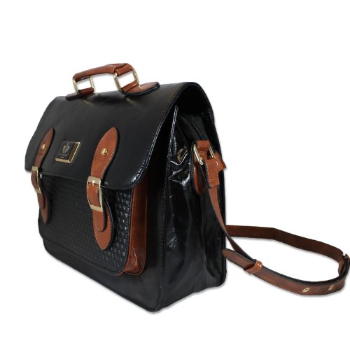 Womens Ladies Girls Stylish Vintage Briefcase Faux Leather Twin Clasp Satchel Messenger School Shoulder Bag - M62 (BLACK)