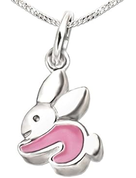 CLEVER SCHMUCK-SET Anhänger Mini Hase 10 mm seitlich hockend pink lackiert mit Kette Panzer 38 cm STERLING SILBER...