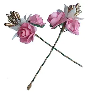 Maahal? Pink & White Flower Fabric Juda Pin/Bun Hair Accessories Juda Pins 2 Pcs