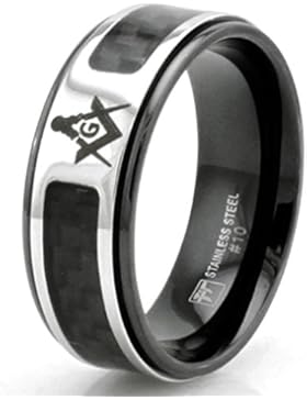 8mm Schwarz Edelstahl / Titan Freimaurer Ring mit Kohlefaser-Inlay