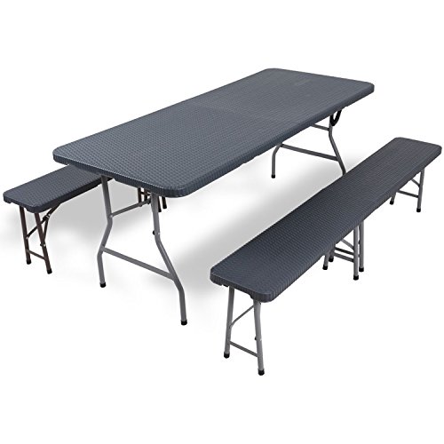 3-teilig KROLLMANN Biertischgarnitur aus Rattan in Grau bestehend aus 1 Biertisch und 2 Bierbänke, klappbar Party Garnitur