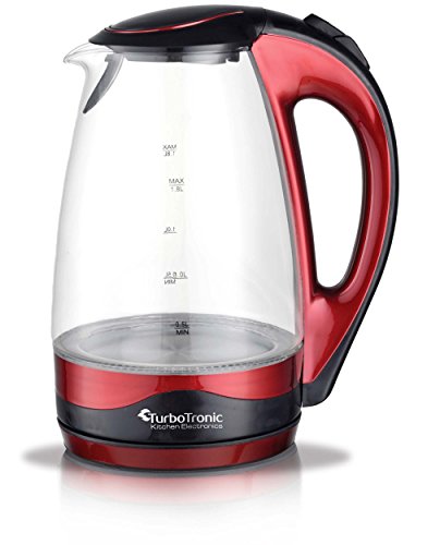 TurboTronic Glas Wasserkocher 1,8 Liter mit LED Beleuchtung Blau (innen) BPA Frei, Leistung: 2200 Watt, Farbe: Rot-Metallic, inklusive Kalkfilter am Ausguss und 360° Basis-Station (kabellos), Edelstahl Bodenplatte mit nicht sichtbaren Heizelement - 4
