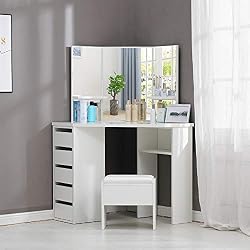 OFCASA Coiffeuse Blanche avec Miroir et Tabouret 3 mirror 5 tiroirs Coiffeuse d'angle