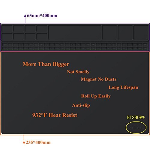 BTSHOW Hitzebeständige Lötmatte Solder Mat Staubdicte Tisch-Arbeitsmatte Hitzeschutzmatte, Schweißmatte, Schweißen Profi Silikon Lötunterlage Projektmatte Reparaturmatte zum Hochtemperatur Lötstation, Lötkolben, Heissluftgebläse, Werkbank Reparatur Operator Station für Elektronikreparatur 40x30CM,Schwarz - 2