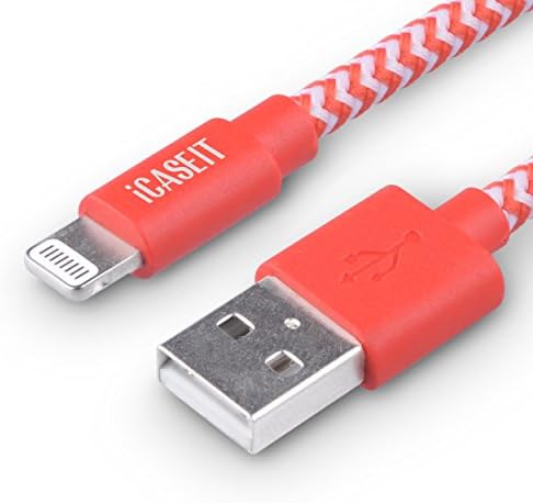 iCASEIT Lightning to USB Cable Cord [MFi Certified] Compatible with iPhone 11 Pro Max SE XR XS X 10 8 7 6s 6 Plus SE 5s 5c 5 iPad iPod & more - 1m - Braided Red & White