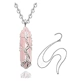 Runmeihe Rose Quartz Healing Crystal Stone Necklace, Tree Of Life Silver Wrapped Natural Quartz Gemstone Pendant Necklaces Jewelry, Good Luck Crystal Necklace For Women