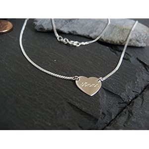 Gravur Namenskette in 925er Silber - 1,1 cm Herz Gravurplatte mit Flachpanzerkette (GK95/11)