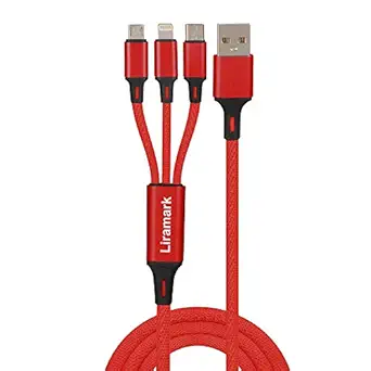 LIRAMARK 3 in 1 Nylon Braided Fast Charging Cable for Type-C, Micro USB and iPhone Pins for All Smartphones (Red)