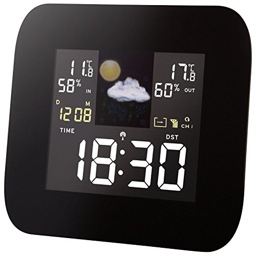 Alecto Funk Wetterstation Innen und Außensensor, Temperatur, Hygrometer, DCF-Funkuhr, Wettervorhersage, Barometer, Reichweite bis zu 100 m, schwarz, 14 x 14 x 14 cm, WS-1850 - 2