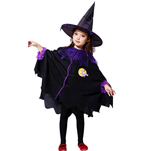 ADESHOP Enfants DéGuisement Halloween, 2-13ans Filles Halloween VêTements Costume Chic SorcièRe Robes Parties Cosplay Habille Robe + Tenue De Chapeau Ensemble De 3 PièCes (100 (3-4ans), Noir)