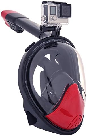 Snorkel Mask 180°Panoramic View Full Face Free Breathing Design with Anti-fog &amp; Anti-leak, Prevent Gag Reflex with No-mouthpiece Tubeless Design for Adults and Kids by AttoPro (Black with Red, Large/Extra Large)