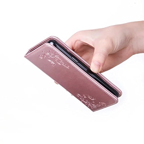 SKYXD für Samsung Galaxy J3 2016 Hülle Leder Rosen Blumen und Schmetterlings Muster,PU Folio Klappbar SchutzHülle [Brieftasche Kartenfach / Magnet / Standfunktion / Trageschlaufe] KlappHülle für mit [Katze Handyanhänger + Eingabestift] 3 in 1 Zubehör Set Handy Tasche Etui für Samsung Galaxy J3 2016 J320F J3 Duos Bookstyle Flip Case Leather Cover With [Stylus and Dust Plug]- Roségold - 8