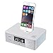 Produktbild HEDDK Gute Qualität Lightning Dock Doppelter Wecker Radio mit USB Laden/Spielen für iPhone 5 / 5S 6 / 6Plus 7 / 7Plus Typ-c/Micro-USB 2.0 Port Smartphone, White