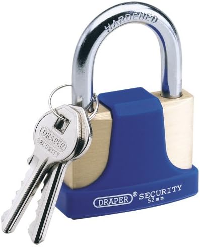 DRAPER 52MM SOLID BRASS PADLOCK & 2 KEYS WITH HARDENED STEEL SHACKLE & BUMPER - Solid brass body with hardened steel shackle. Special cover to prevent damage to locked item. Supplied with two keys. Key blanks are available separately. Display packed.