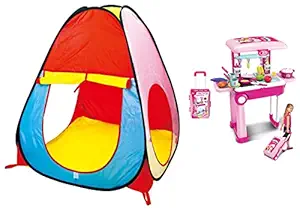 Popsugar Camp N Play Tent for Kids | Indoor or Outdoor, Foldable Tent, Portable, Multicolor & Popsugar Luggage Kitchen Set with Light and Music (Pink,TH008-921A) Combo
