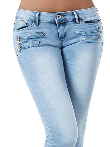 L851 Damen Jeans Hose Hüfthose Damenjeans Hüftjeans Röhrenjeans Röhrenhose Röhre, Größen:36 (S), Farben:Hellblau - 