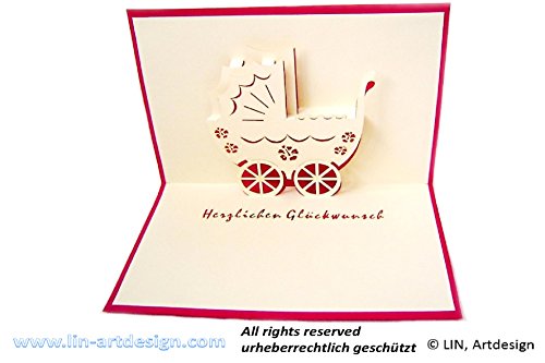 POP UP 3D Karte Glückwunschkarte Geburtskarte Klapperstorch Kinderwagen für Mädchen rot #93# - 3