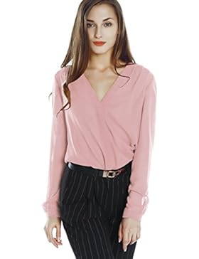 Urbancoco Damen V-Ausschnitt gekräuselten Schulter Langarm Lose Chiffon Blusen