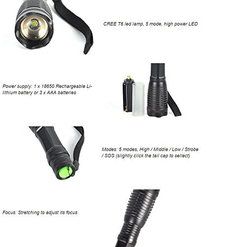 Zoom Wiederaufladbar High Power LED Torch Flashlight 18650 Gold AAA Battery 5 Modus CREE XML T6 LED Flashlight - 6