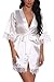 Produktbild Feoya Damen Morgenmantel Kimono Bademantel Kurze Satin Nachthemd Nachtwäsche Schlafanzüge Mit Blumenspitze Weiß S