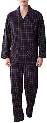 Amhillras Mens Pajamas Long Cotton Sleepwear Men Long Sleeved Pajama Set V Neck Nightwear Homewear Suit With Pockets Button Front (Yellow Stripes, XX-Large)
