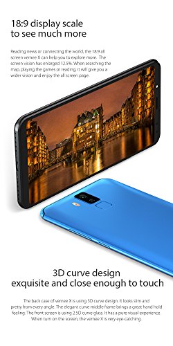 Vernee X - FHD da 5,99 pollici (rapporto 18: 9) Smartphone Android 4G, Octa Core da 2,0 GHz 4 GB + 64 GB, Batteria 6200 mAh, Quattro fotocamere (13 MP + 5 MP + 16 MP + 5 MP), Riconoscimento viso - Blu