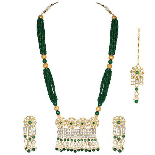 PEORAAntique Gold Plated Jadau Kundan Bead Multi Layered Long Necklace Jewellery Set for Women Girls