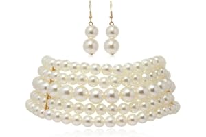 fdsmall Layered Pearl Choker Necklace 5Rows Simulated Pearl Rhodium Plated Elegance Charm Women's Wedding Suite Beads Choker for Party with Earrings - White
