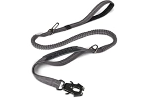 Joytale Taktyczna smycz bungee dla psa, wytrzymała, amortyzująca wstrząsy, 2 wyściełane uchwyty, metalowy karabincki, pas bezpieczeństwa samochodowy, mocny, bez ciągnięcia