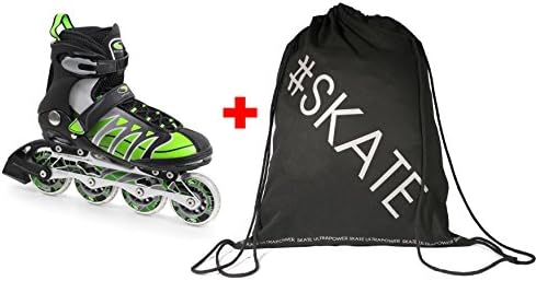 SET - SMJ® MZS101G Inline Skates + ULTRAPOWER® Drawstring Backpack | Women | Men | ABEC7 | Aluminum Rail | Sizes 38-45, SMJ Größen:42, SMJ Farbe:Black/Green MZS101G