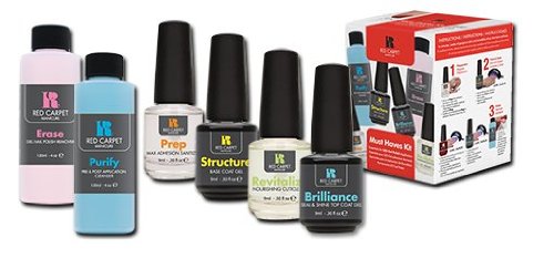 Red Carpet Manicure Must Haves Kit, Prep Max Adhesion Sanitizer (9ml),Structure Base Coat Gel (9ml), Brilliance Seal & Shine Top Coat (9ml),Purify Pre & Post Application Cleanser,Erase Gel Nail Polish Remover.Revitalize Nourishing Cuticle Oil (9ml).