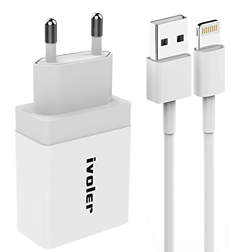 iVoler Caricatore da Muro (2.4A) con Cavo USB (1m) per Ricarica e Trasferimento Dati per iPhone X, 8, 8 Plus, 7, 7 Plus, 6s Plus, 6s, 6 Plus, 6, SE, 5s, 5c, 5, iPad mini / Air,iPod Nano / Touch, Caricabatterie USB Alimentatore Caricatore da Parete con Tecnologia di Ricarica Rapida Qsmart per iPhone, iPad, Samsung Galaxy, Huawei,ASUS, LG, HTC, Sony,Motorola,Tablet, Smartphone e gli altri dispositivi USB. - Bianco