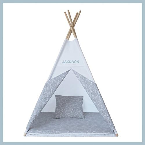 Teepee Tent Tipi White and Grey Waves Set + Quilted Rug + Pillows - Handmade and Unique Personalized
