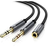 UGREEN Headphone Mic Cable, Audio Microphone Splitter, 3.5mm Female CTIA Standard to 2 Dual 3.5mm Male Audio Mic Splitter for Speaker,Headphones,PC Aluminum connector 20cm (Black)