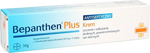 BEPANTHEN PLUS Cream 30g tube - 5% Dex-Panthenolum 0.5% Chlorhexidini Dihydrochloridum Skin Health Support Treatment - For infection of wounds such as abrasions, cuts, cracks, fissures, burns and skin irritations. Damage and small skin wounds after surgery