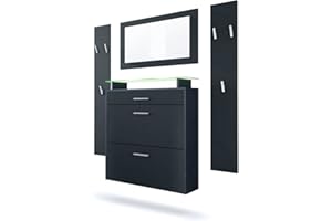 Vladon Garderobe Malea, Garderobenset bestehend aus 1 Hängeschuhschrank, 1 Wandspiegel und 2 Garderobenpaneele, Anthrazit matt/Schwarz matt, inkl. LED-Beleuchtung RGB